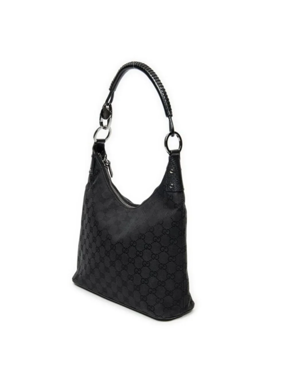 Gucci Ring Handle Zip Hobo Black GG Canvas - Picture 2 of 11